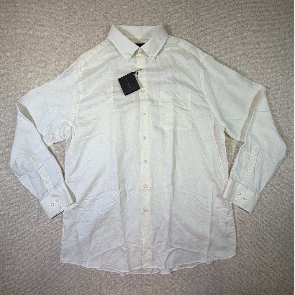 Scott Barber Mens XL White Linen Blend Long Sleeve Button Front Shirt NWT Casual